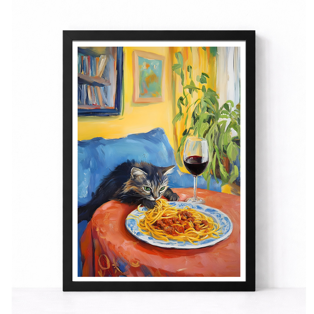 Kitchen Print | Cat Munching Spaghetti Art